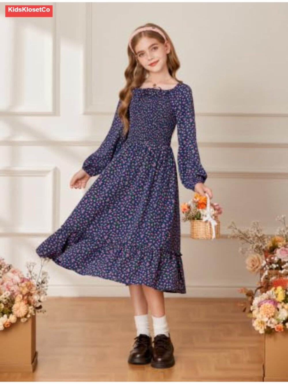 Girls Floral Maxi Dress Long Sleeve Square Neck Smocked Fall Casual 6-14Y - Picture 2 of 6